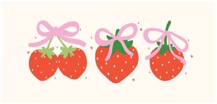 Group of Retro Coquette Strawberries with pink Ribbon bow Berryy love Banner Vintage Aesthetic vector