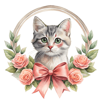 watercolor illustration of a cat with roses and a bow png