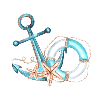 Anchor with lifebuoy, ropes and starfishes. Hand drawn watercolor illustration isolated. Nautical composition with ship equipment. Marine life clipart on yacht. Template for card, packaging, textile. png