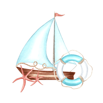 Sailboat with lifebuoy and red starfishes. Hand drawn watercolor illustration isolated. Nautical composition with cartoon ship. Marine clipart of yacht with blue sail for postcard, packaging, textile. png
