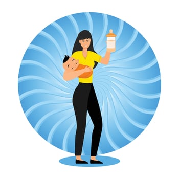 Mother Feeding Baby with Bottle in Modern Blue Background. vector