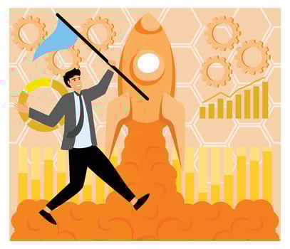Business Success Concept Featuring a Rocket Launch and a Determined Businessman. vector
