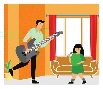Father and Daughter Enjoying Music Together in a Cozy Living Room. vector