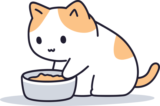 Cute Cartoon Cat Eating from Bowl Adorable Kawaii Style Animal Illustration png