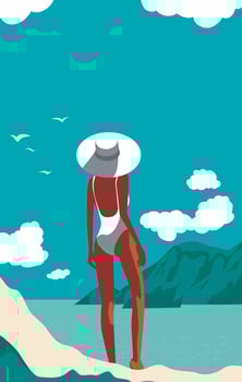 Woman in a hat and swimsuit on the beach. The girl is on vacation. Template with place for text, tourism concept. Illustration on the theme of summer, seasonal holidays, weekends, beach vector