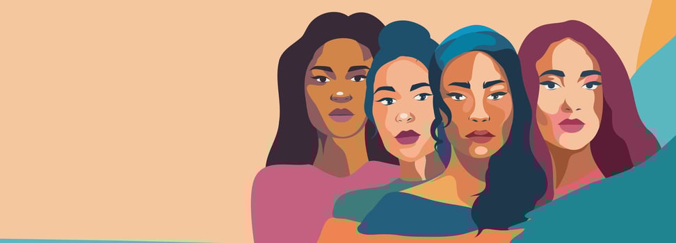 Portraits of women of different skin colors, cultures and nationalities stand side by side. Free women. Movements for gender equality and women's empowerment. International Women's Day. vector