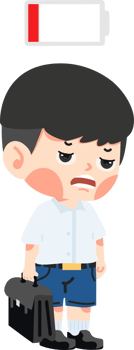 Kid student tired and low battery cartoon png