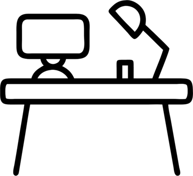 Work desk with computer in outline icon style, business and finance theme. png