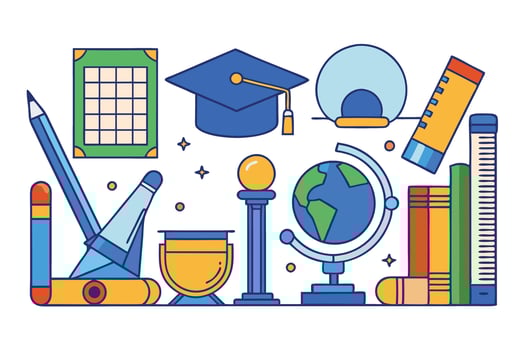 A colorful illustration featuring educational tools like books, pencils, globe, and graduation caps celebrating learning and Black History Month vector