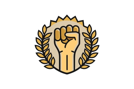 Minimalist Black History Month emblem with a raised fist, golden laurel wreaths, and radiant sunburst representing equality and pride vector