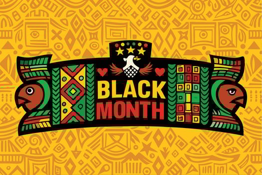 Vibrant and colorful African inspired Black History Month banner with tribal patterns, cultural symbols, and bold typography on yellow background vector