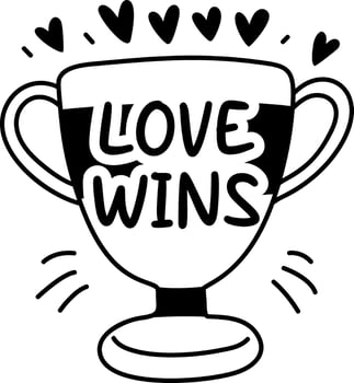 A glyph sticker of pride trophy with a rainbow design and the text love wins vector