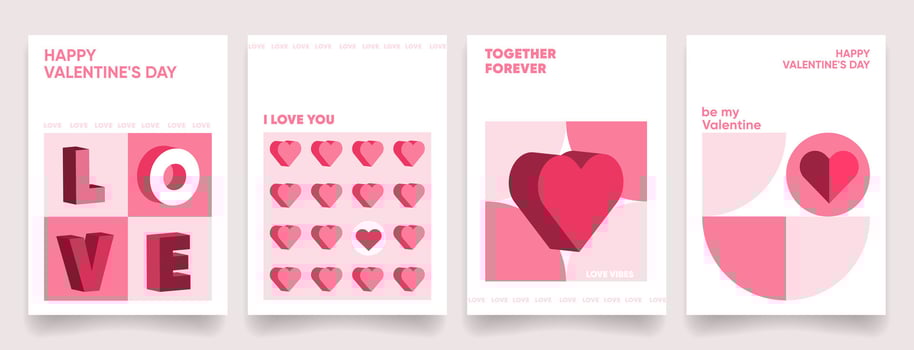 Valentine's Day poster,greeting card,templates, cover, brochure, print,promo,background in modern Minimal geometric style set. Love concept template design with abstract hearts geometric shapes vector