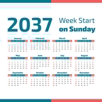 2037 calendar with week start on Sunday vector