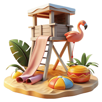 Summer Beach Fun Flamingo, Lifeguard Tower, and Beach Toys png