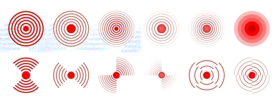 Pain localization icons. Red concentric circles. Sore or inflammation symbols. Pulse or headache signs. Shockwave, radar or sound signal pictograms isolated on white background. illustration vector