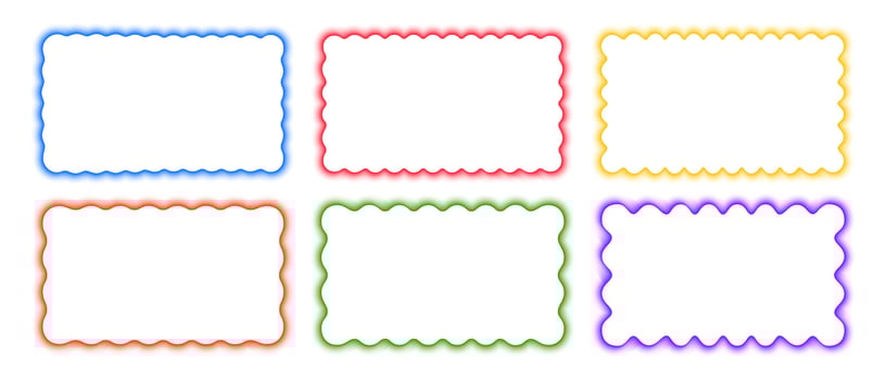 Set of colorful rectangle frames with wavy borders. Undulated rectangular shapes with blurry neon effect. Empty text box or web banner templates with soft gradient edges. illustration vector