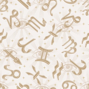 Seamless pale pattern with icons of all zodiac signs, stars, third eye, all seeing eye on white background. Esoteric mystic concept. For prints, clothing, t shirt, surface design vector