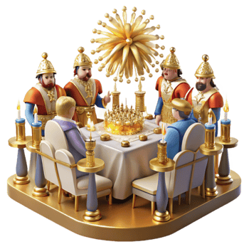 Golden Crown Ceremony Regal Figures Gather Around Festive Table png