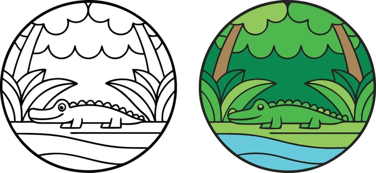 Adorable Alligator Coloring Page Jungle River Scene Illustration vector