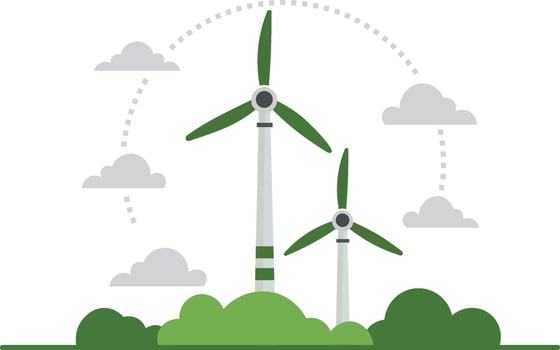Sustainable wind turbines surrounded by greenery and clouds, symbolizing renewable energy and eco friendly technology vector