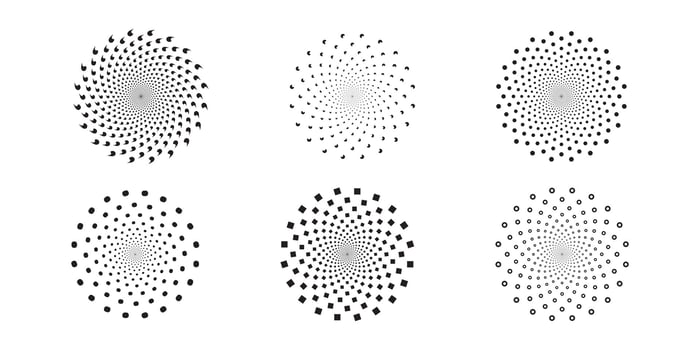 Set of dotted abstract shapes. Circular halftone patterns. Half tone design elements in geometric tech style for logo, banner, web page, print, poster, business cards. vector