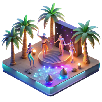 Tropical Night Gathering Isometric 3D Render of a Festive Scene png