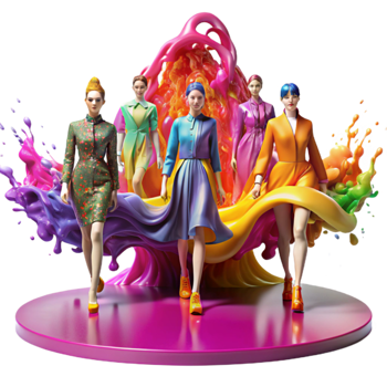 Vibrant Fashion Show Colorful Dresses, Runway Models, and Paint Splatter png