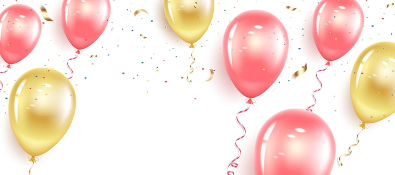 Festive horizontal banner with pink and gold balloons, confetti and streamers. Happy Birthday, Women's Day, Valentine's Day, Wedding. vector