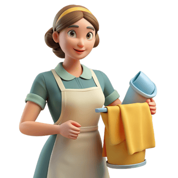 Smiling Housekeeper with Cleaning Supplies png