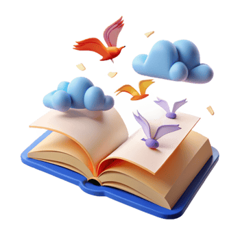 Open Book with Birds and Clouds A Whimsical 3D Illustration png