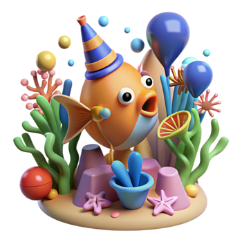 3D Render of a Festive Fish in an Underwater Scene png