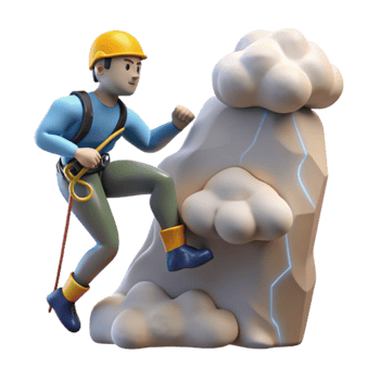 Climber Ascending Rocky Peak with Clouds png