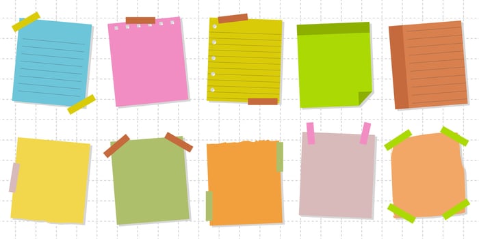 Sticky notes and colorful paper sheets. Collection of colorful paper sheets of notes stuck with sticky tape isolated on white vector