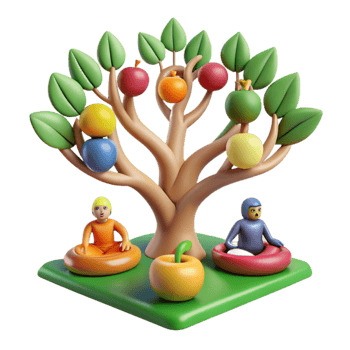 Colorful Fruit Tree with Playful Characters png