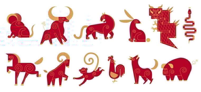 Set Trendy Chinese new year horoscope abstract red and gold geometric animals flat simple minimalist local style. Chinese zodiac calendar logo, Asian lunar astrological signs vector
