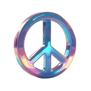3D chrome element in Y2K style, isolated background, liquid holographic metal. Peace sign made of colorful glass symbol of harmony. png