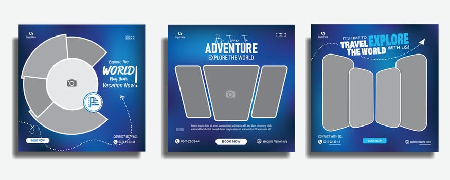 Travel sale business marketing social media post template design with abstract background, agency logo and icon. Summer holiday travelling and tourism online promotion digital banner, poster or flyer. vector