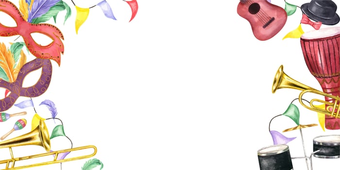Watercolor Mardi Gras, Brasil carnival horizontal frame. Musical percussion, string and wind instruments, colored masks illustration. Hand painted street party border for greetings vector