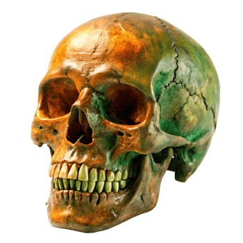 A mystical aged skull glows with eerie orange and green hues showcasing a haunting beauty png