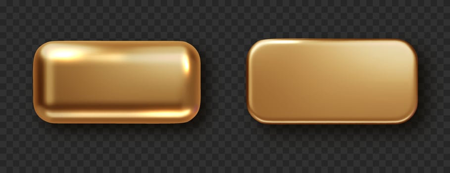 Gold rectangle button isolated. Golden design for empty emblem. Glossy golden metallic shape. 3D realistic shiny icon vector
