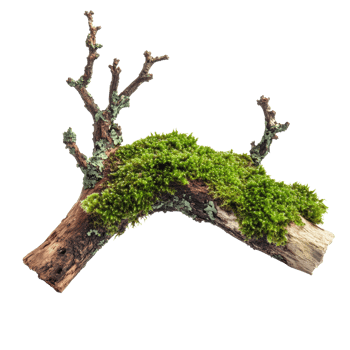 Green moss thriving on a decaying branch, showcasing natures resilience against time and decay, Green moss on rotten branch isolated on transparent background png