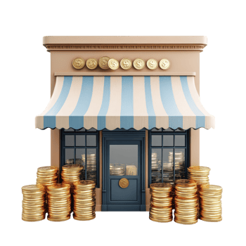 A charming storefront displaying stacks of coins against a transparent background, showcasing a business concept, Charming Storefront with Coin Stacks on transparent background Small Business Revenue Concept png
