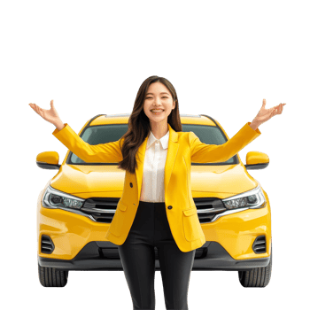 A joyful young Asian businesswoman in a yellow suit welcomes you in front of a bright yellow car, Happy young Asian business look woman shows yellow mock up car with OK hand sign png