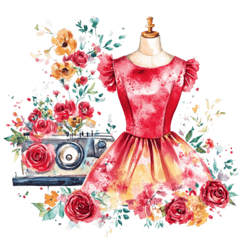 Vibrant watercolor illustration of a floral dress design with sewing machine and bloom arrangement, fashion floral sewing illustration transparent background png
