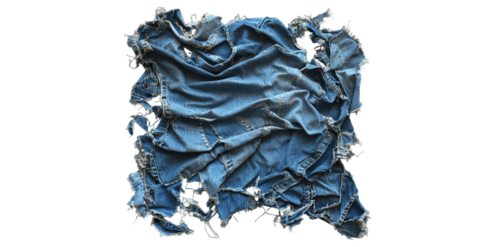 Torn blue denim fabric patchwork isolated on transparent background png
