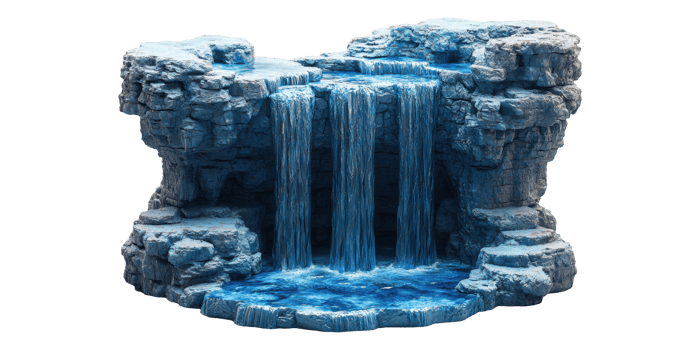 Miniature waterfall model with cascading water isolated on transparent background png