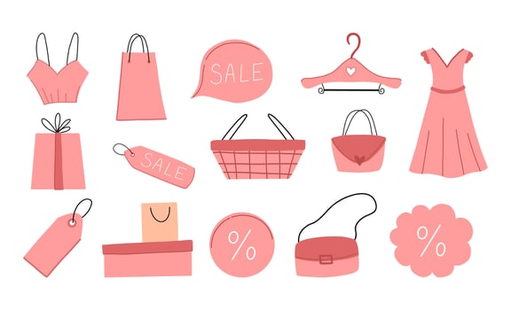 Cute set of shopping icons illustrations. Hand drawn elements. Gift, package, hanger, dress, tag, bag. Isolated on white background vector