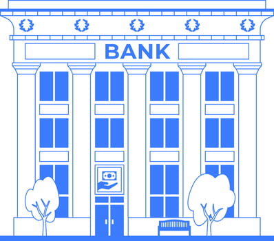 Bank line art illustration. Building facade icon with entrance on white background. One color blue outline graphic. Finance infographic concept. Old vintage architecture of downtown. Editable stroke. vector
