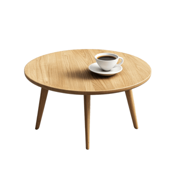 A wooden round table with three tapered legs, featuring a coffee cup on a saucer. png
